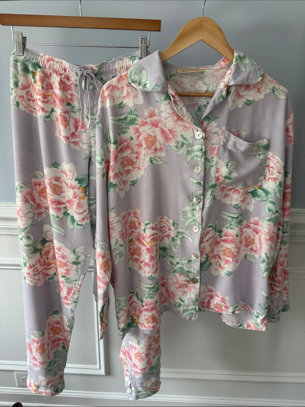Papinelle Ava Lavender Floral Peony Button Front Long Sleeve Pajama Set L Large
